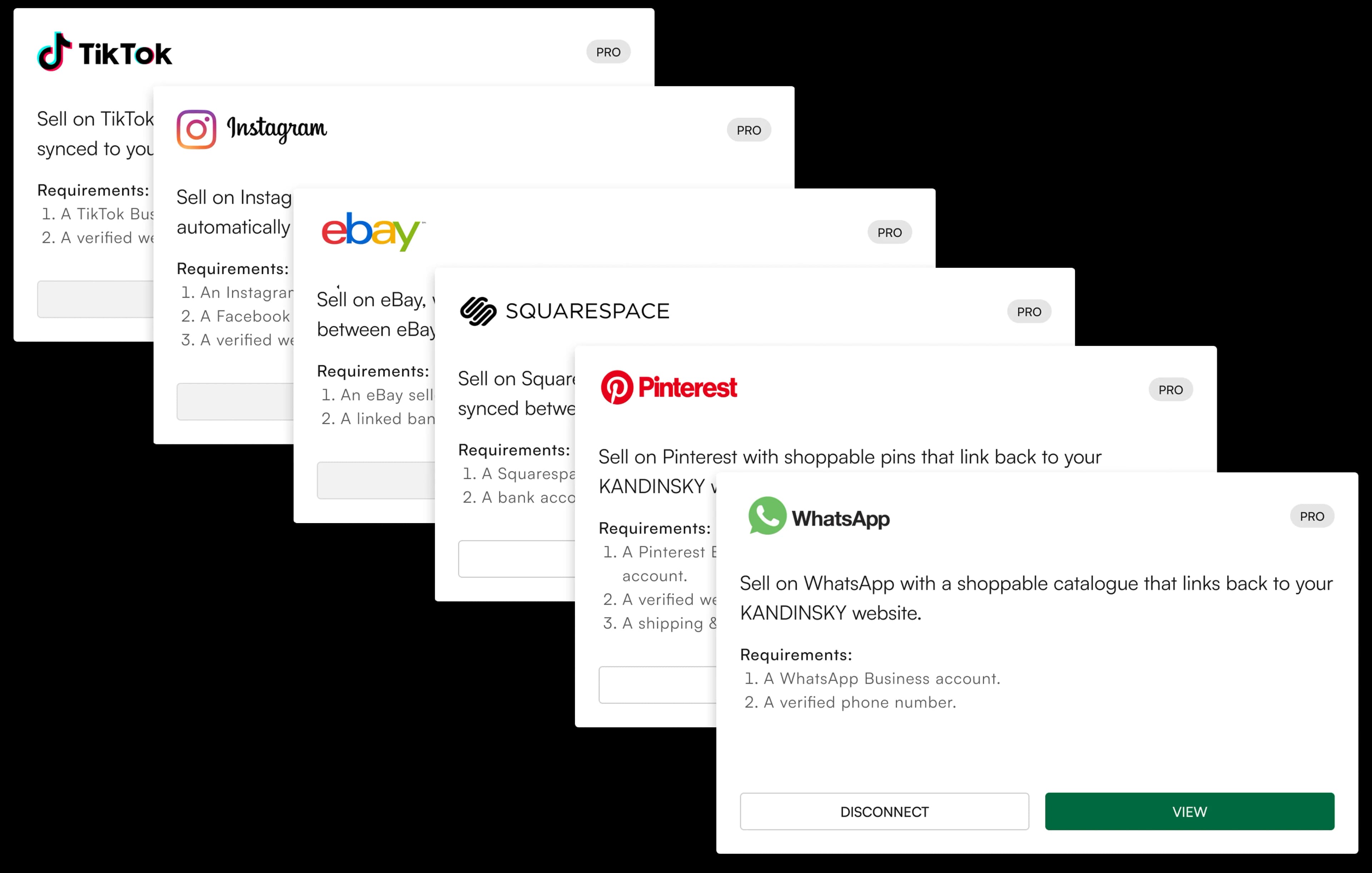 Sales channel cards for TikTok, Instagram, eBay, Squarespace, Pinterest and WhatsApp