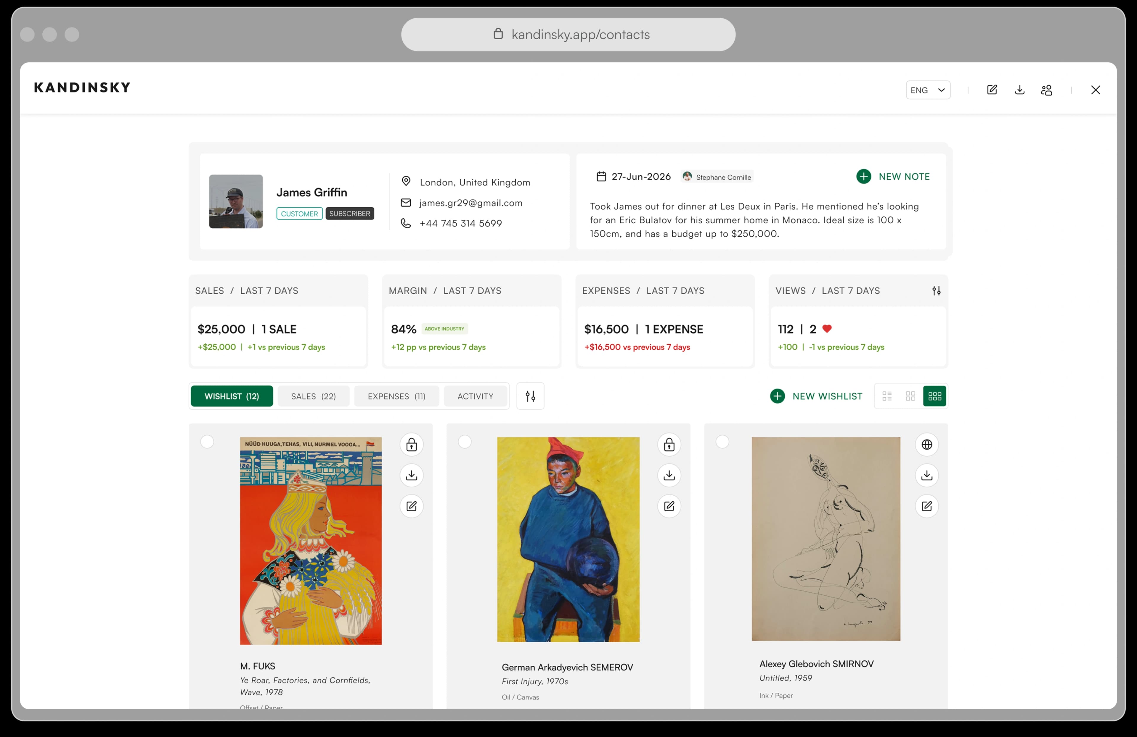 Contact profile with views, saves, and purchases