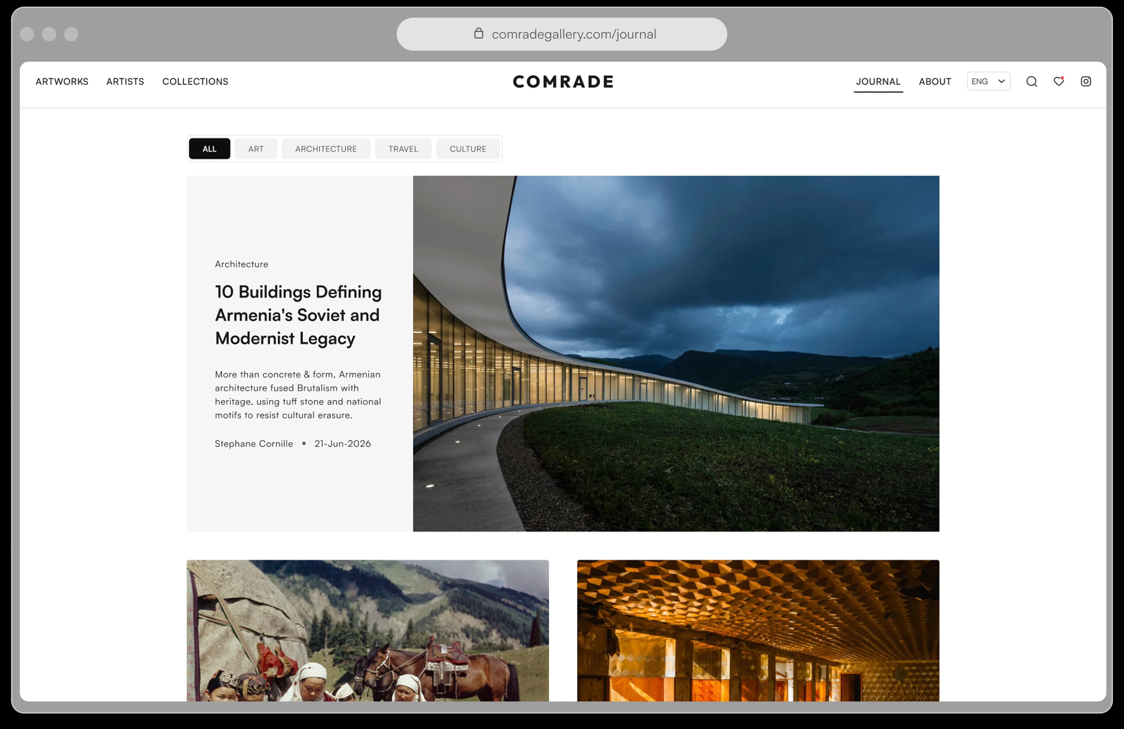 Gallery journal page listing articles, with a featured architecture story