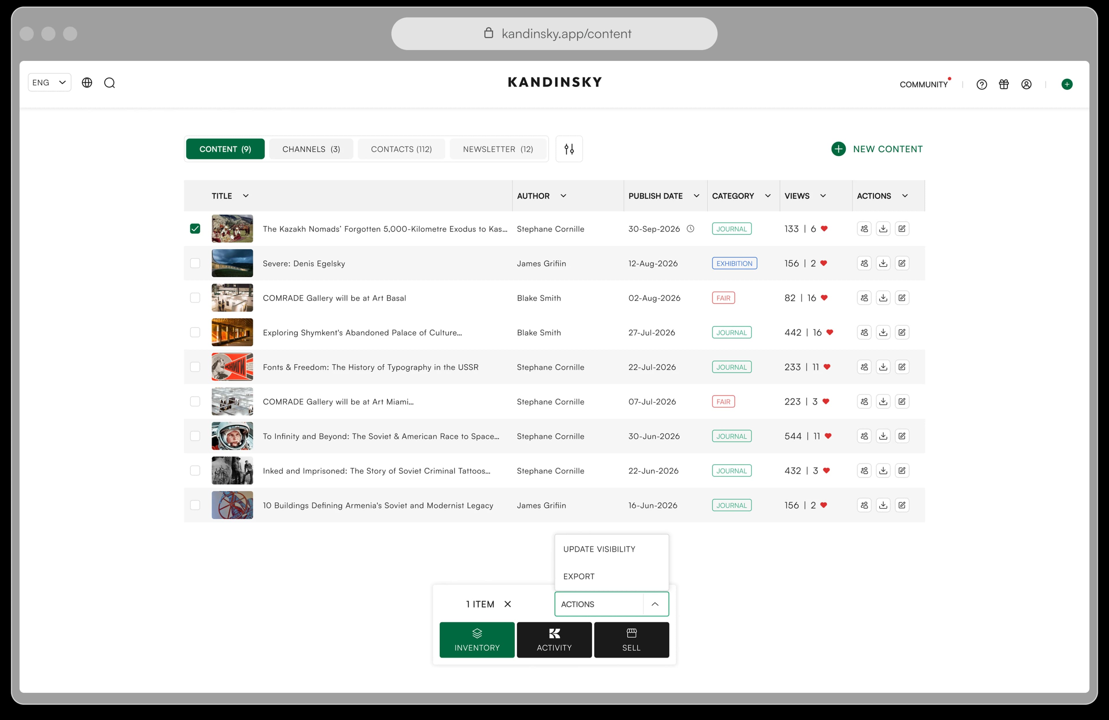 Kandinsky content dashboard with a list of articles and their view counts
