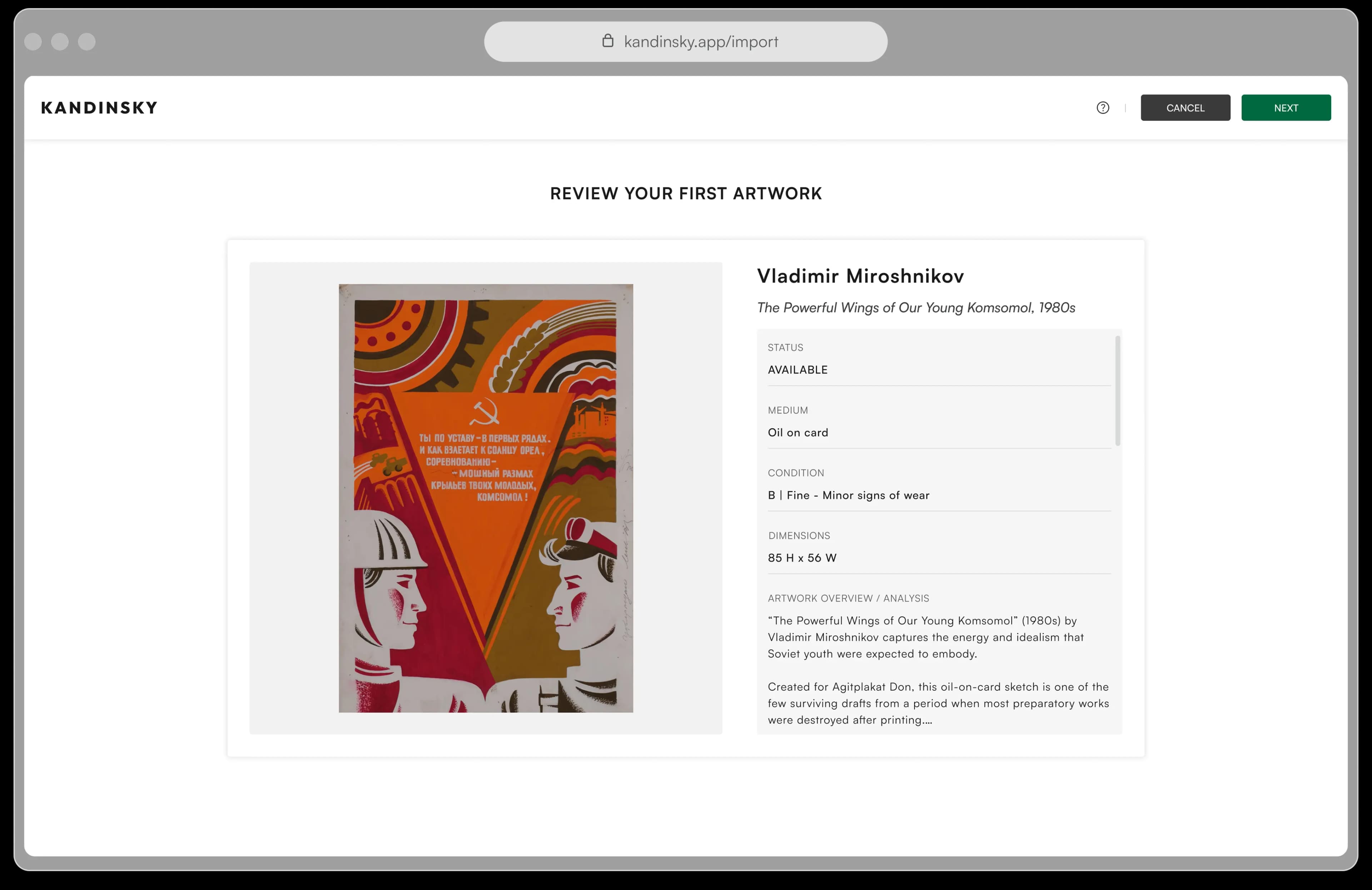 Kandinsky artwork import review screen