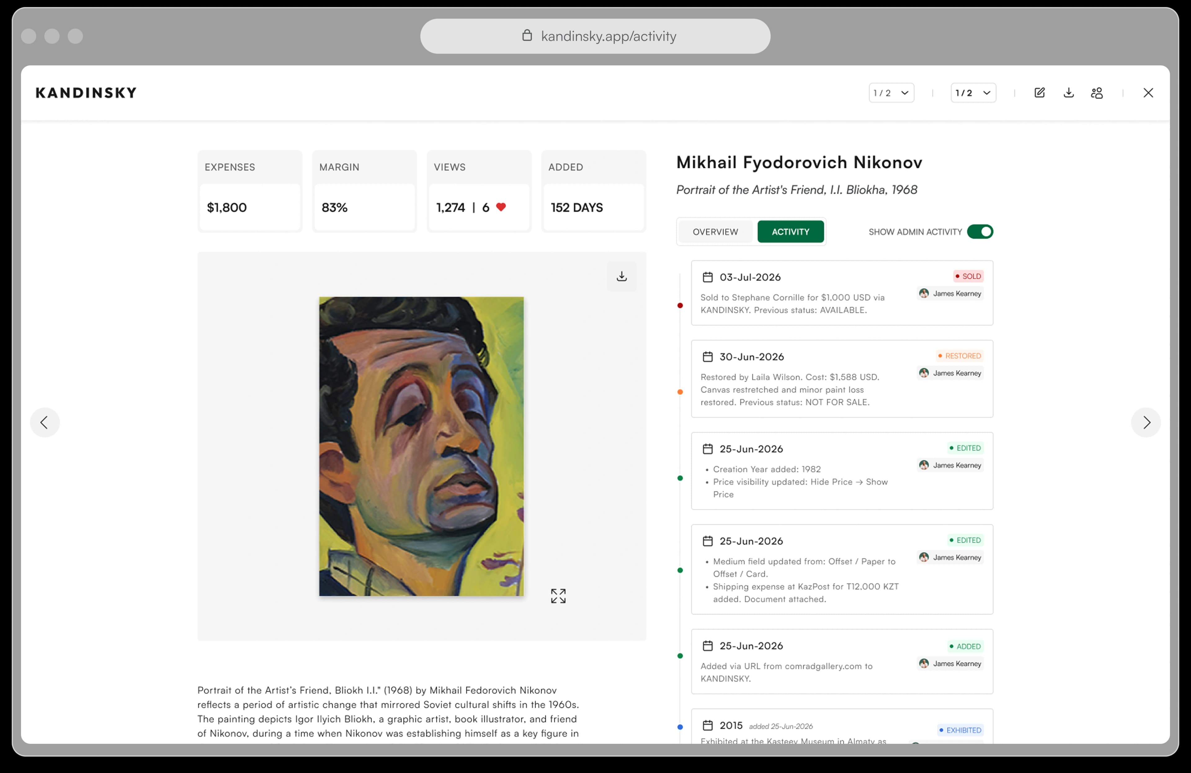Per-artwork activity trail with user attribution