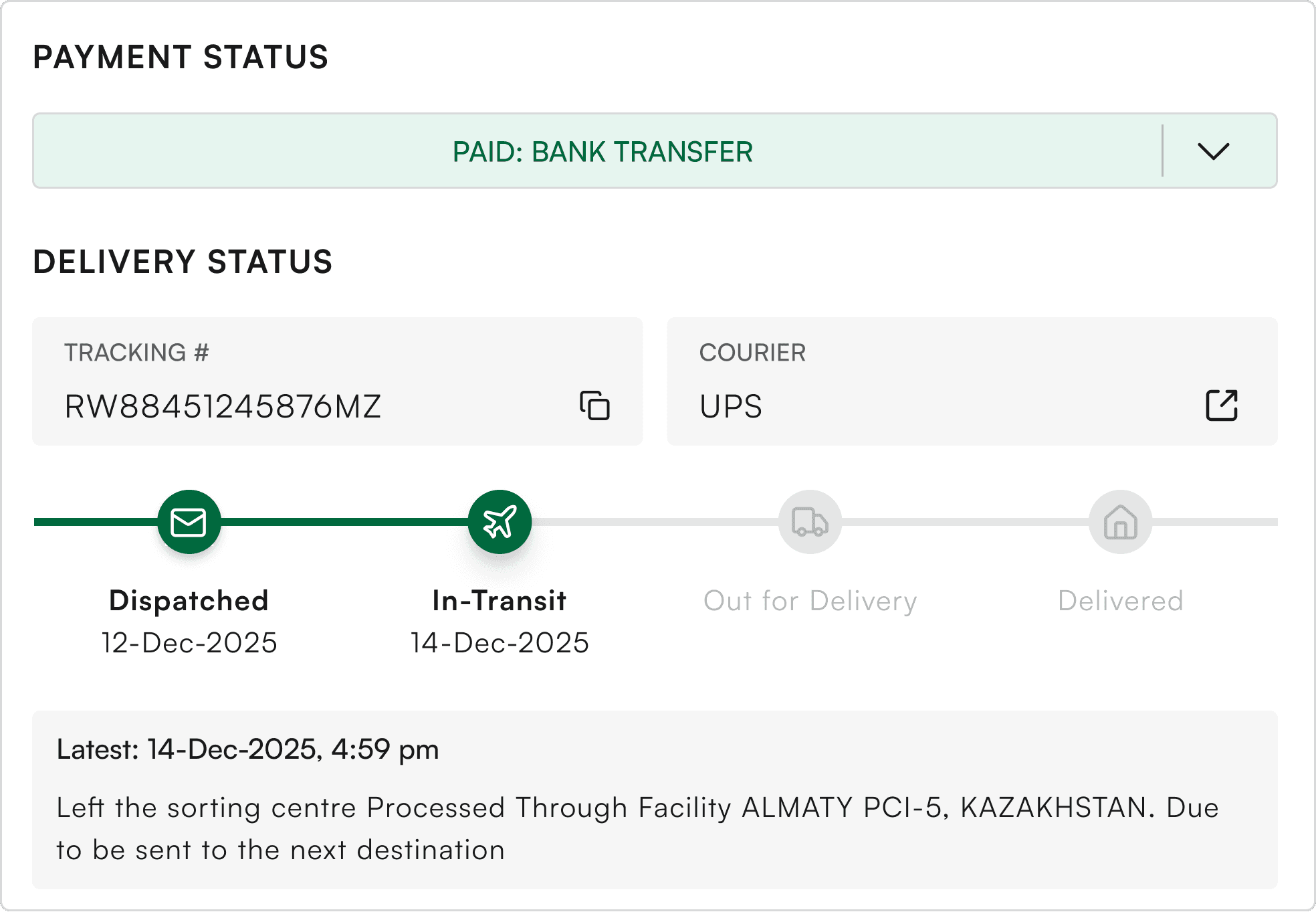Payment and delivery status with UPS tracking timeline