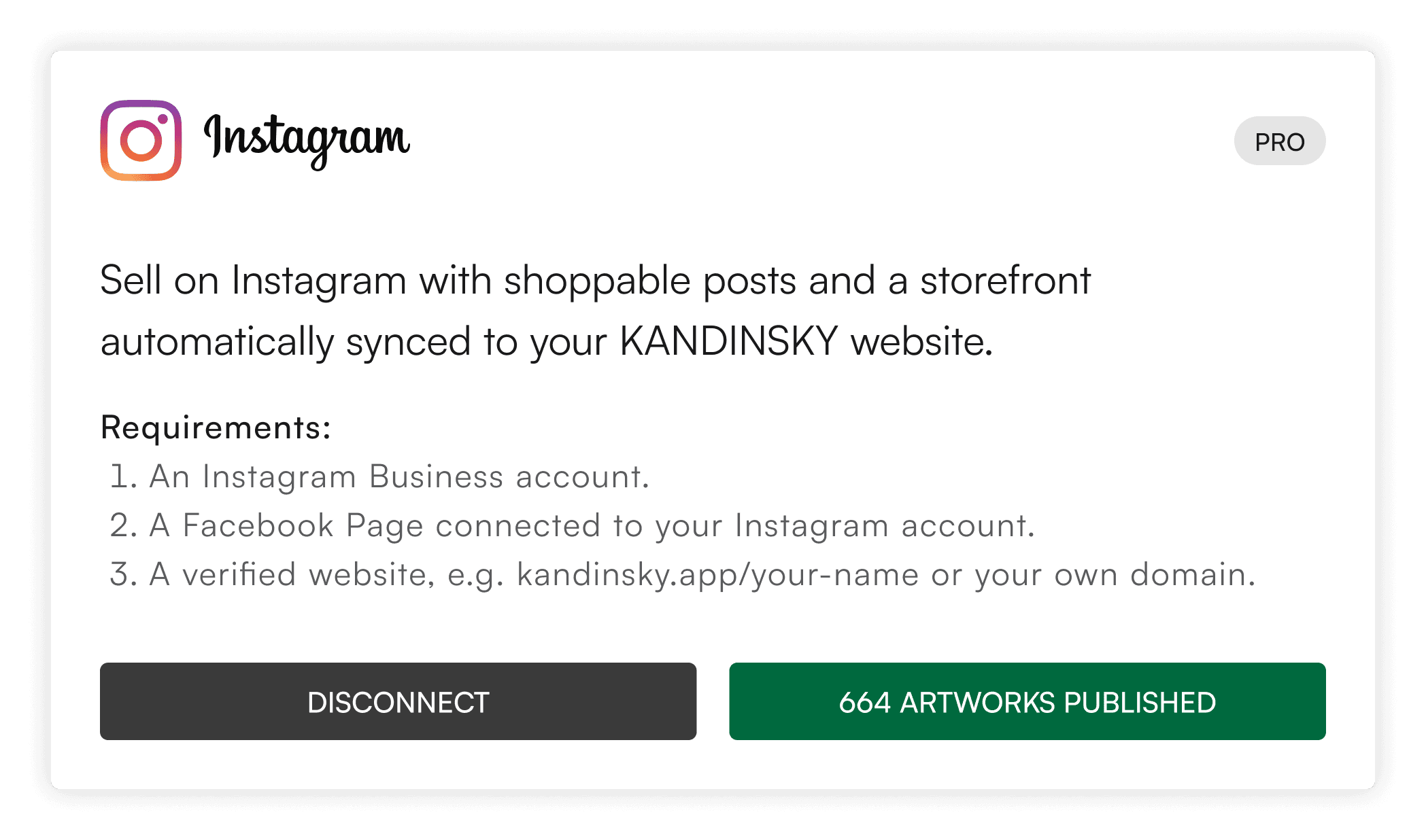 Connected Instagram sales channel with 664 artworks published
