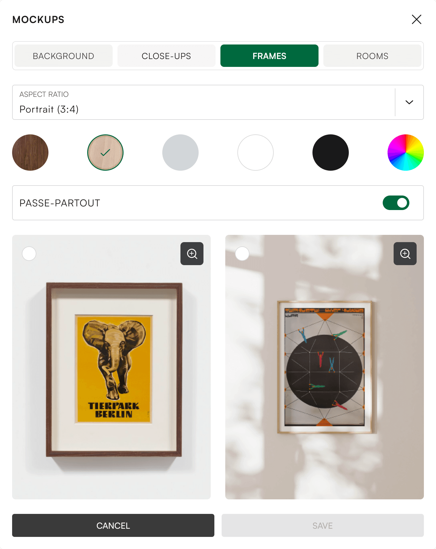 Mockups panel with frame colours, passe-partout and framed artwork previews