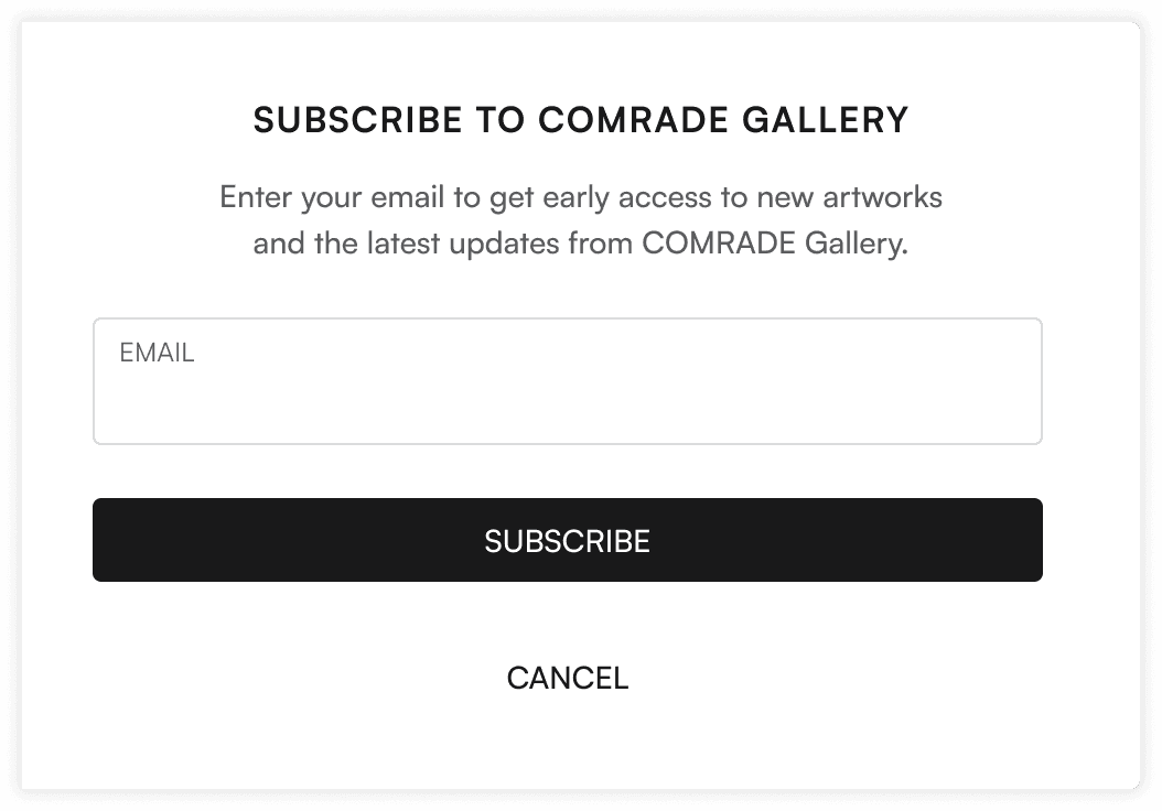 Gallery website with a subscribe modal over the artwork grid