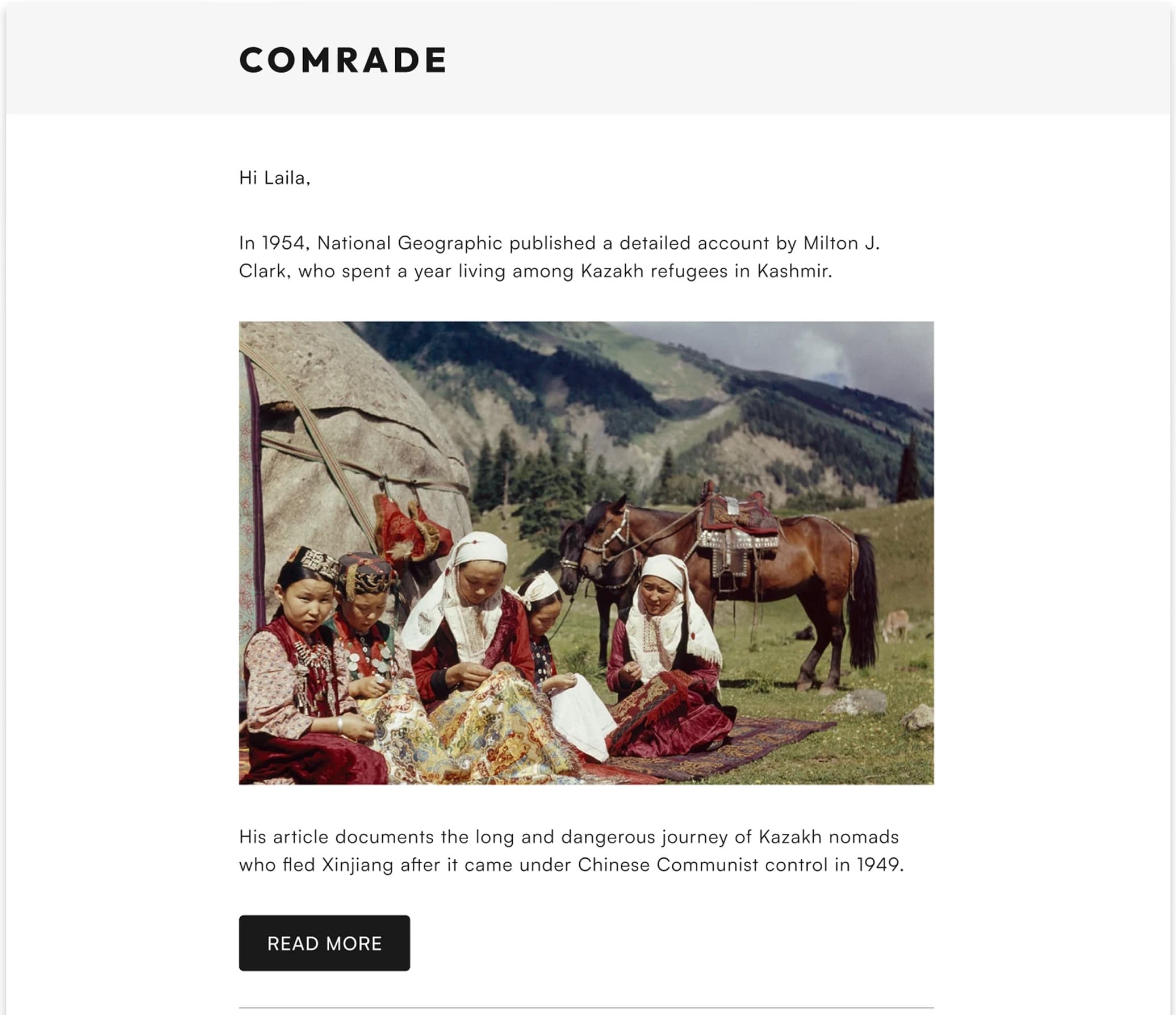 Gallery newsletter email in an inbox, featuring a nomads article and two artworks