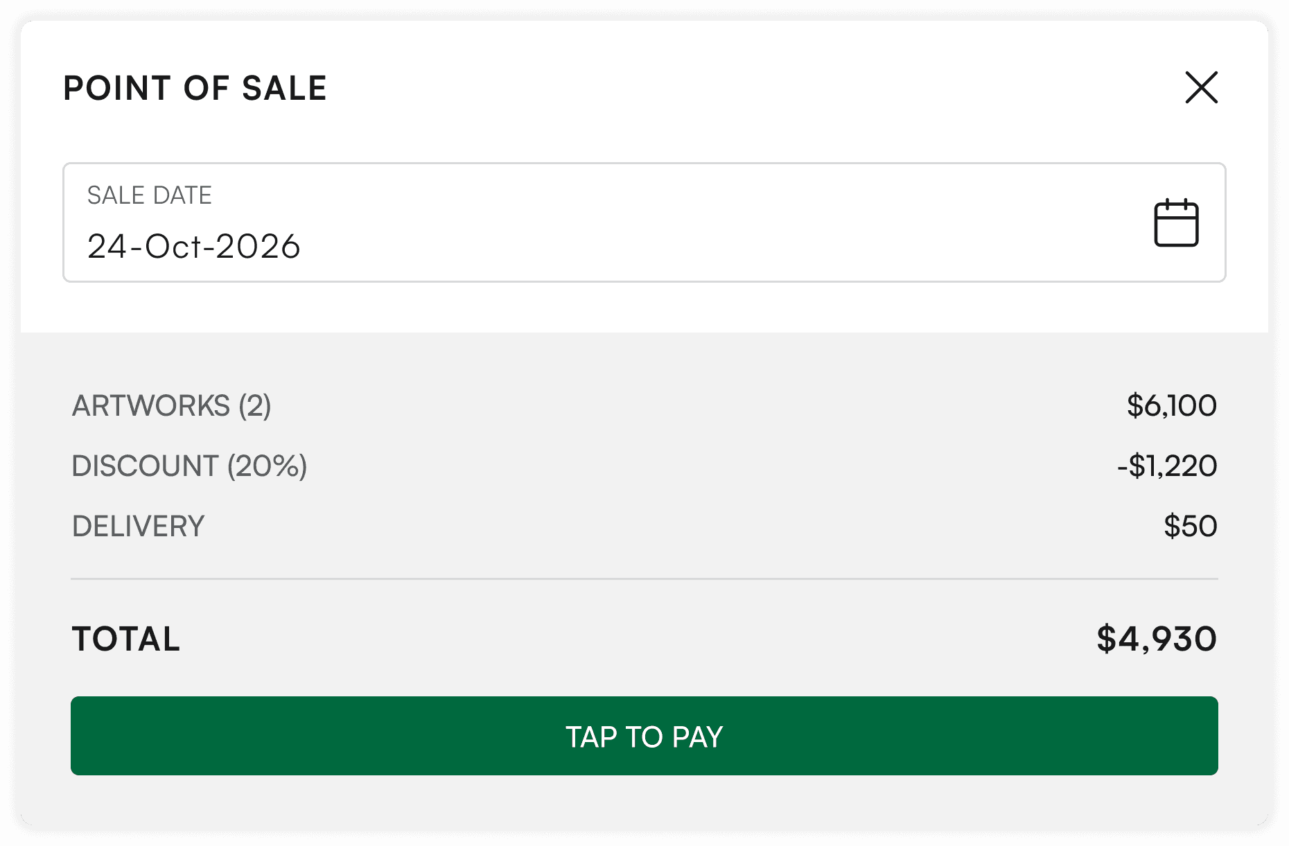 Point of sale panel with sale total and tap-to-pay button
