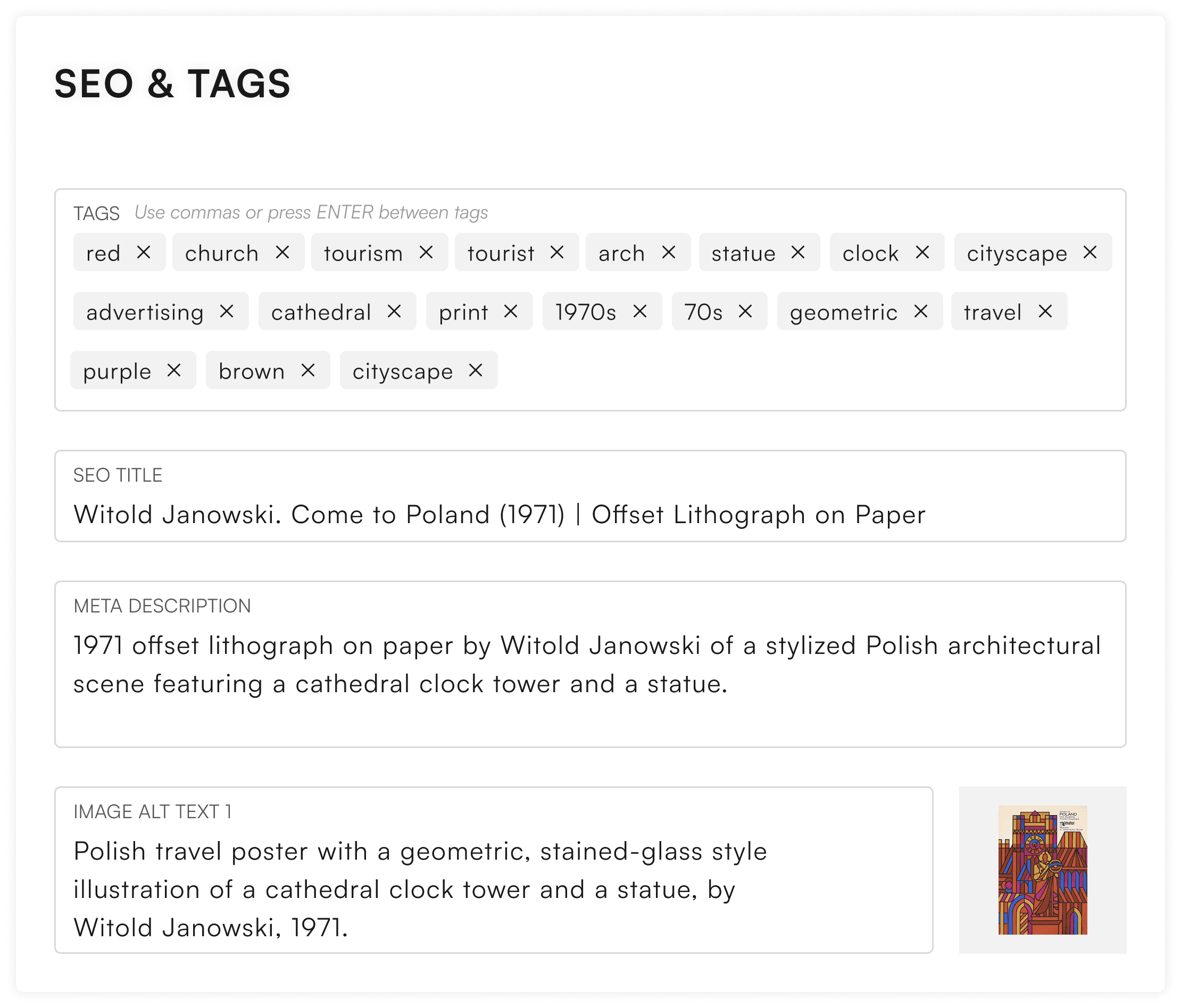 Automated artwork tags and SEO metadata
