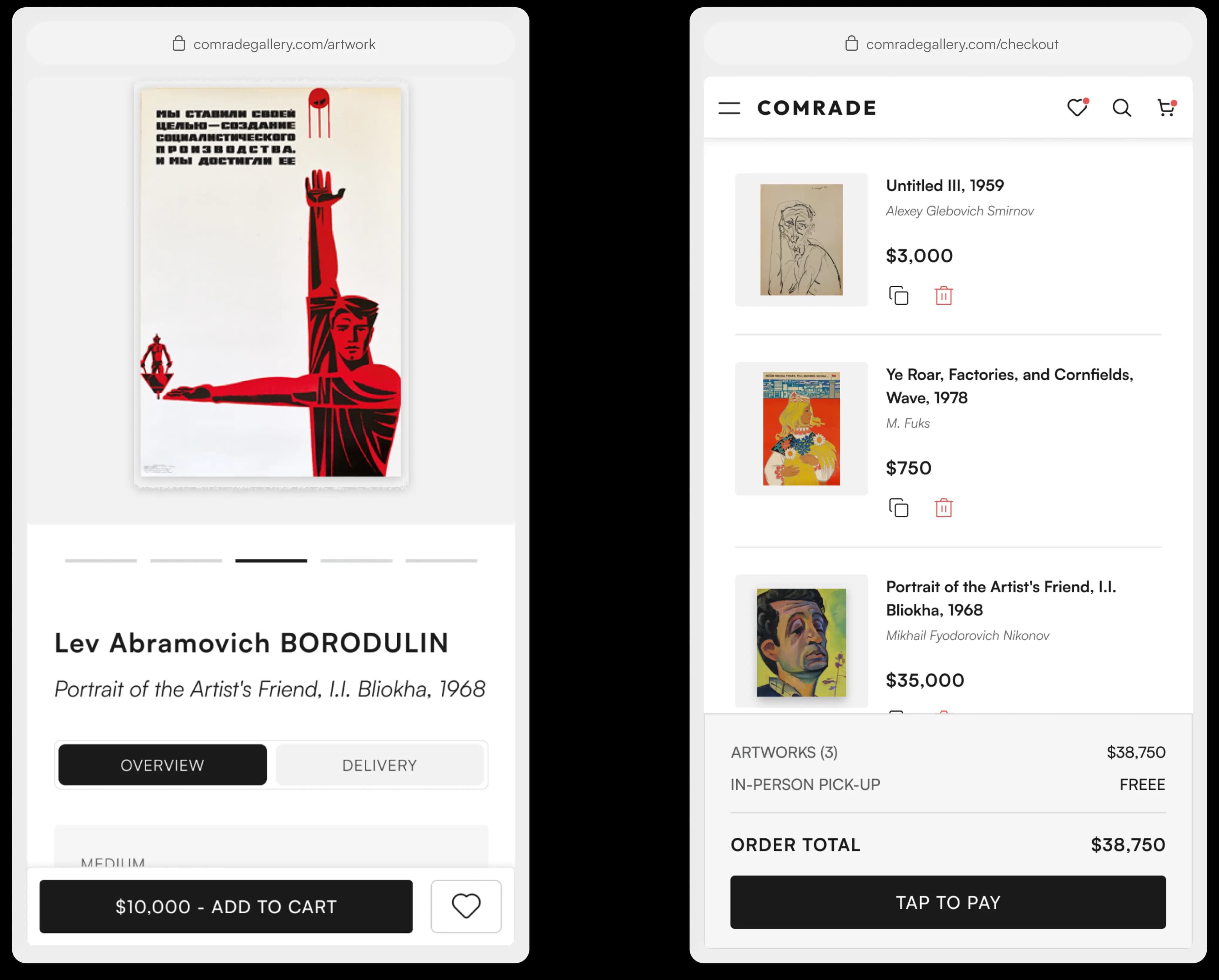 Artwork detail and secure checkout on mobile